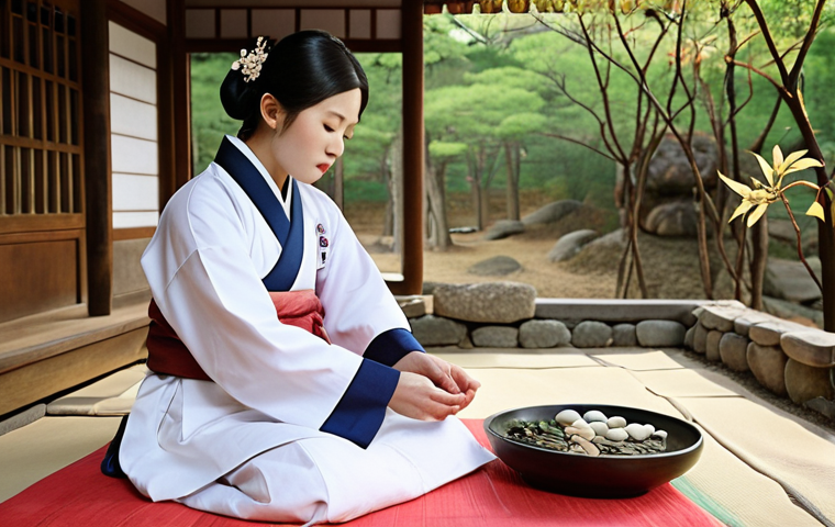 **Prompt 1: The Essence of Traditional Korean Medicine**
    "A wise, compassionate Hanui doctor in traditional Korean Hanbok gently performing a pulse diagnosis on a patient in a serene, nature-inspired setting. Surrounding them are beautifully arranged traditional Korean herbal medicines and ancient medical texts. The image should convey a profound sense of balance, harmony (Yin and Yang), and holistic healing, emphasizing the deep wisdom of Hanbang connecting mind, body, and spirit. Soft, warm lighting creates a calming and authentic atmosphere, reminiscent of a peaceful Korean traditional house (Hanok) or garden."