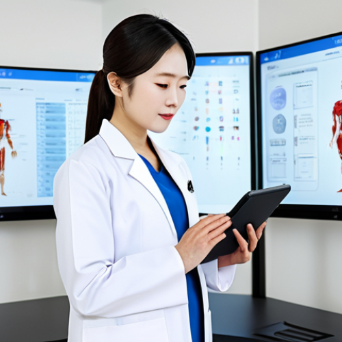 A highly competent Hanbang practitioner, fully clothed in a modest, professional Hanbang uniform, stands with a confident yet calm demeanor in a pristine, modern medical clinic. The setting subtly combines elements of traditional Korean aesthetics with advanced digital displays showcasing health analytics on a tablet, symbolizing the seamless integration of ancient wisdom and contemporary technology. Perfect anatomy, correct proportions, natural pose, well-formed hands, proper finger count, natural body proportions. Professional studio photography, soft natural light, high-definition, sharp focus. Safe for work, appropriate content, fully clothed, professional, family-friendly.