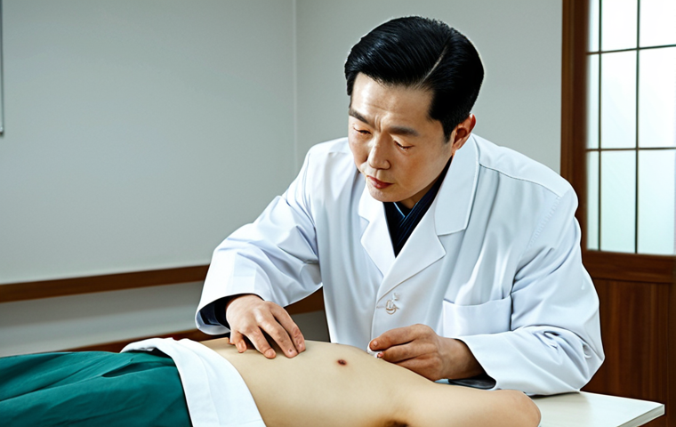 한의사로서의 하루 일과 - "A Korean Traditional Medicine doctor in a clean, well-lit clinic, examining a patient's pulse with ...