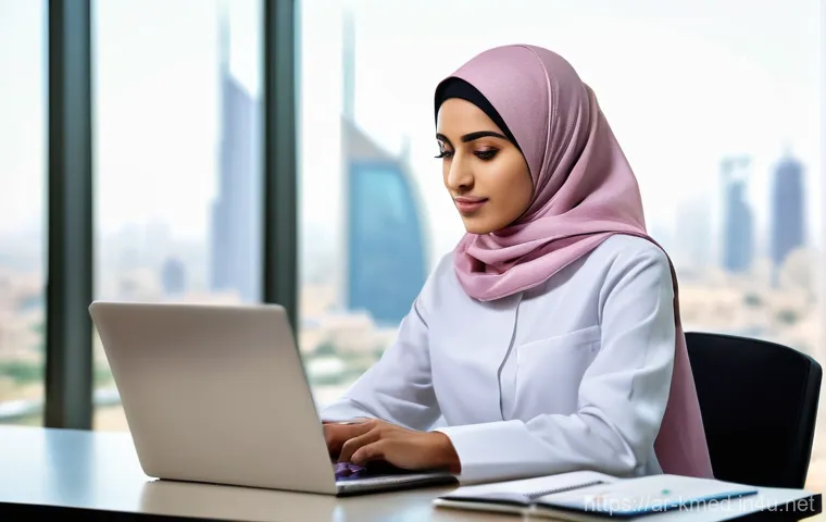 한의사 연봉 협상 전략 - **Prompt:** A confident and determined female Saudi doctor, wearing a modern modest hijab and profes...