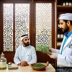 한의사와 대체의학 - A serene clinic room blending traditional Arabic herbal medicine with modern medical equipment, feat...