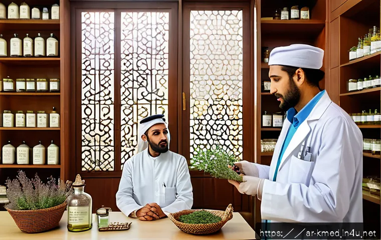 한의사와 대체의학 - A serene clinic room blending traditional Arabic herbal medicine with modern medical equipment, feat...