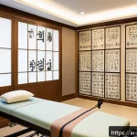 한의학과 재활 치료 사례 - A serene modern rehabilitation clinic room blending traditional Korean medicine with advanced physic...