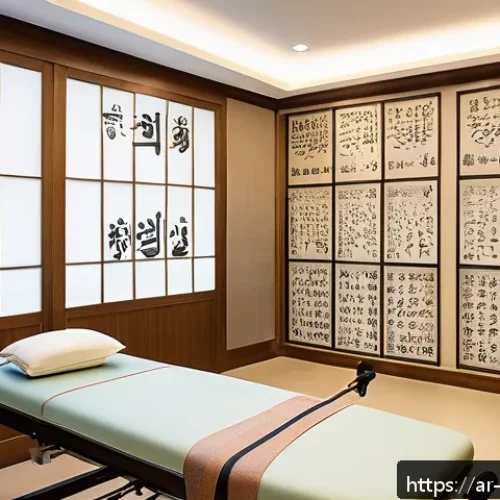 한의학과 재활 치료 사례 - A serene modern rehabilitation clinic room blending traditional Korean medicine with advanced physic...