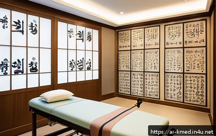 한의학과 재활 치료 사례 - A serene modern rehabilitation clinic room blending traditional Korean medicine with advanced physic...